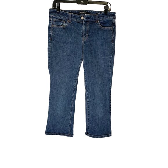 WHBM Blanc Women's Mid Rise Stretch Cropped Flare Blue Denim Jeans Size 8 - Picture 2 of 13